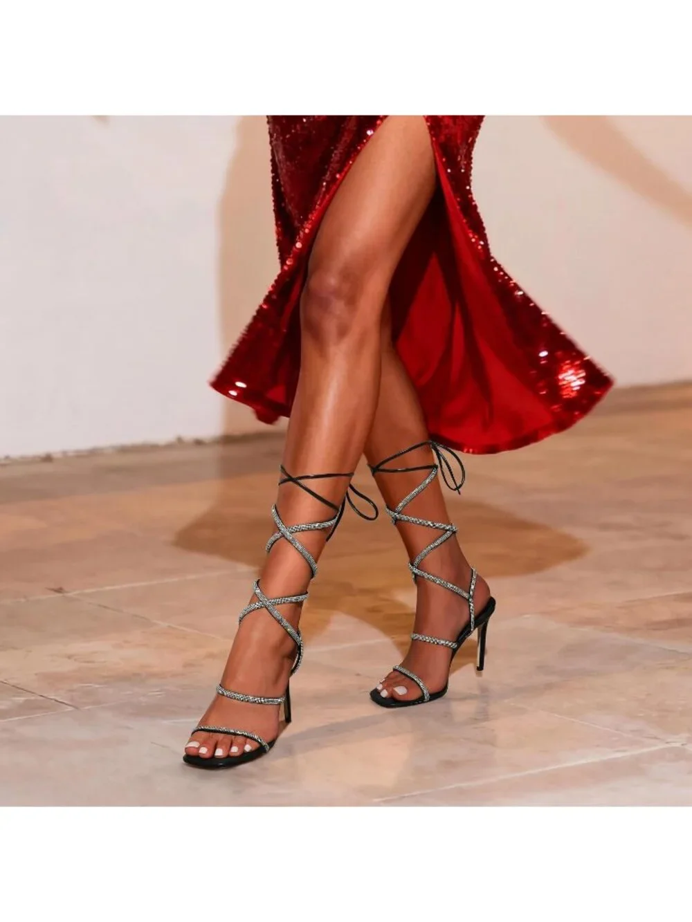 Women's Black Strappy Stilettos Gladiator Sexy Square Toe Open Toe Pump Sandals